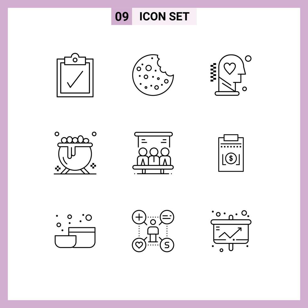 Aktienvektor-Icon-Pack mit 9 Zeilenzeichen und Symbolen für die Kostentechnologie Prozesssuche Urlaub editierbare Vektordesign-Elemente vektor