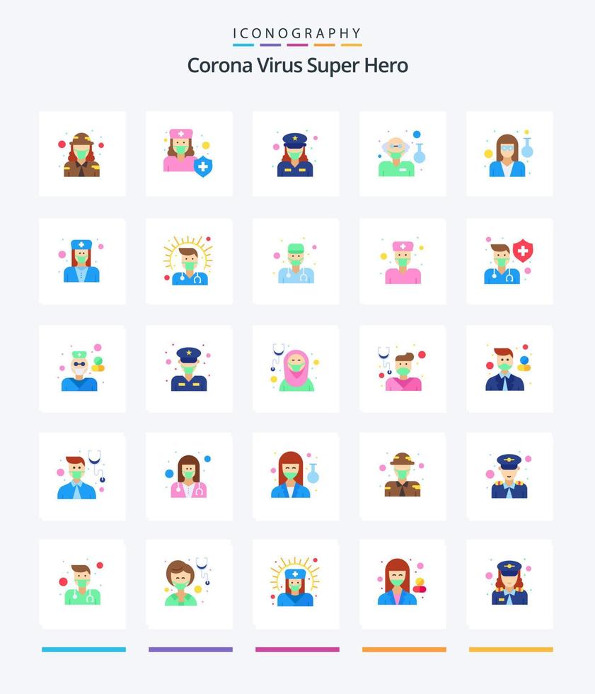 kreativ korona virus super hjälte 25 platt ikon packa sådan som forskare. läkare. medicin. kvinna. officer vektor
