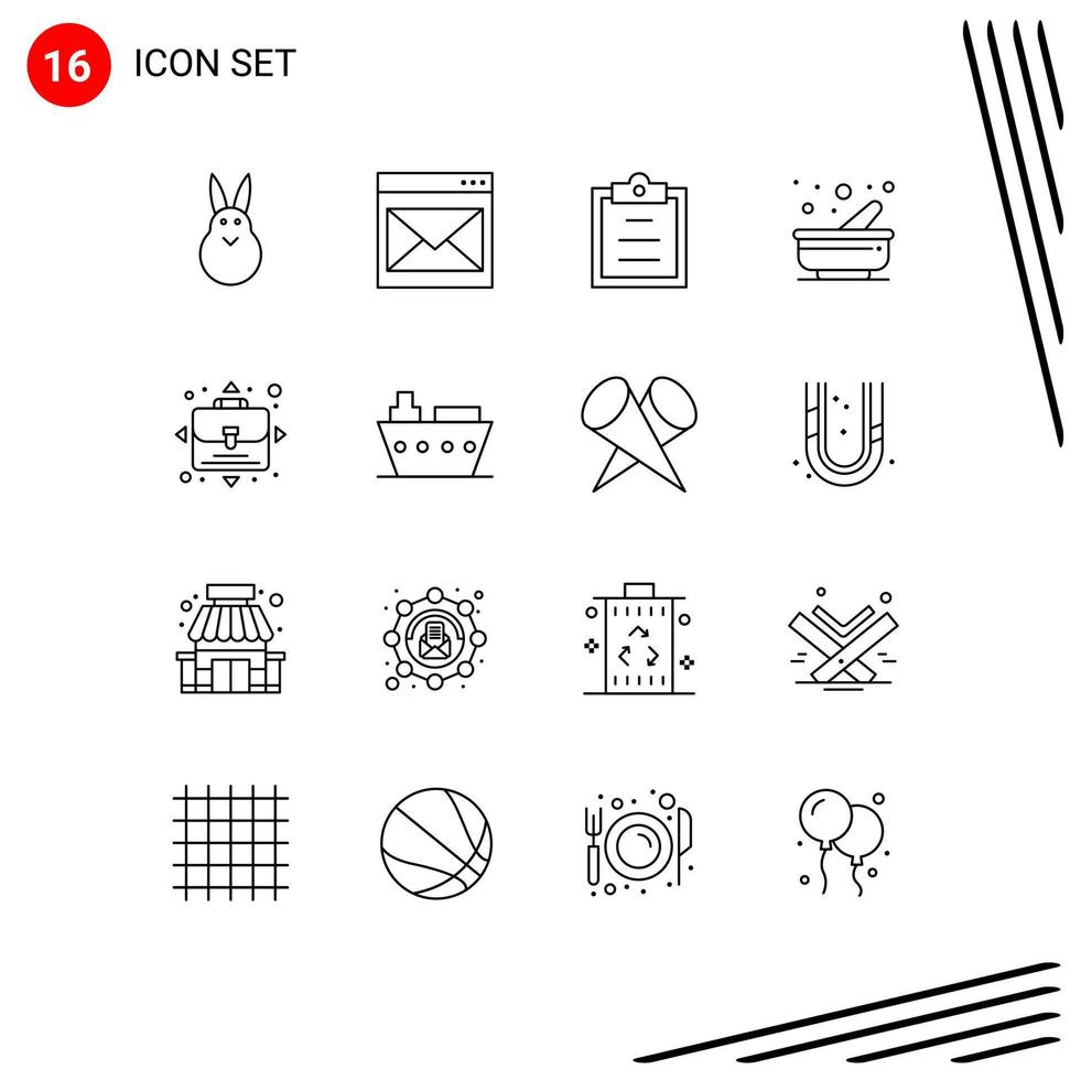 16 thematische Vektorumrisse und bearbeitbare Symbole für Gelegenheitsstößel-Postmörser, die bearbeitbare Vektordesignelemente kochen vektor