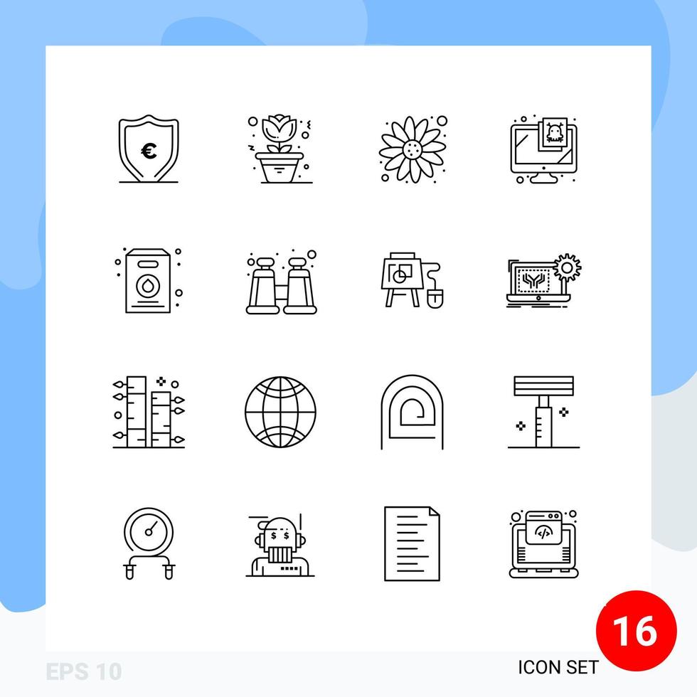 Aktienvektor-Icon-Pack mit 16 Zeilenzeichen und Symbolen für binokulare Pack-Blumenmilchsicherheit editierbare Vektordesign-Elemente vektor