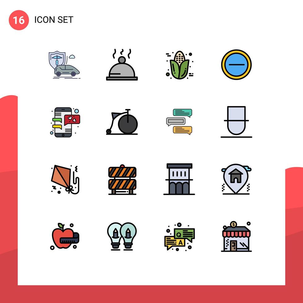Gruppe von 16 flachen, farbgefüllten Linien Zeichen und Symbole für Liebes-Chat-Herbst-Benutzeroberfläche editierbare kreative Vektordesign-Elemente vektor