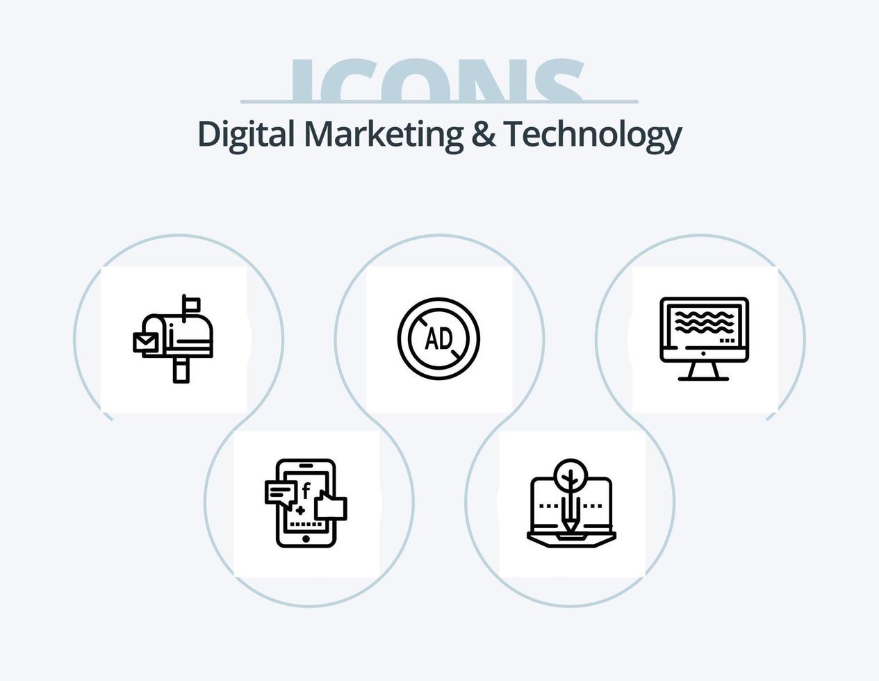 digital marknadsföring och teknologi linje ikon packa 5 ikon design. chatt. återvändande besökare. prestation. besökare. vinna vektor