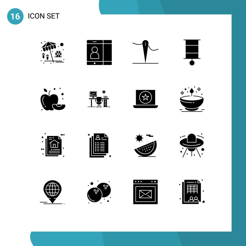 användare gränssnitt packa av 16 grundläggande fast glyfer av kontor mat nål äpple unge redigerbar vektor design element