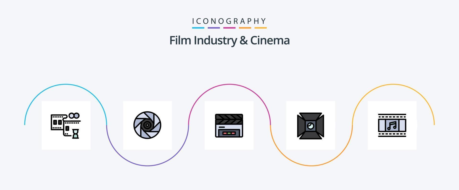 Cenima Line Filled Flat 5 Icon Pack inklusive Filmrolle. Animation. Klöppel. Schießen. Markieren vektor