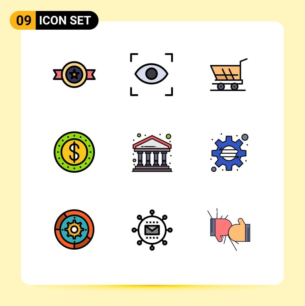 universell ikon symboler grupp av 9 modern fylld linje platt färger av byggnad stad vagn Bank mynt redigerbar vektor design element