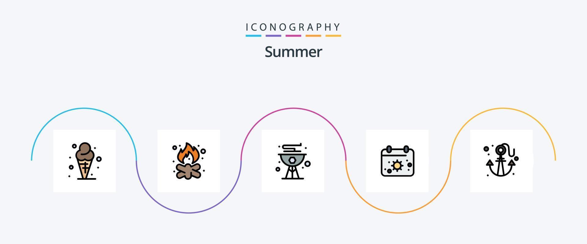 Sommerlinie gefülltes flaches 5-Icon-Paket einschließlich Sonne. Kalander. Feuer. Strand. Grill vektor