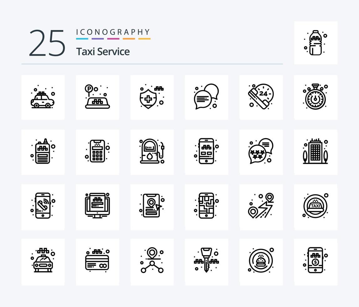 Taxi-Service 25-Zeilen-Icon-Pack inklusive Zeit. überleben. Autoversicherung. Forderung. Dialog vektor