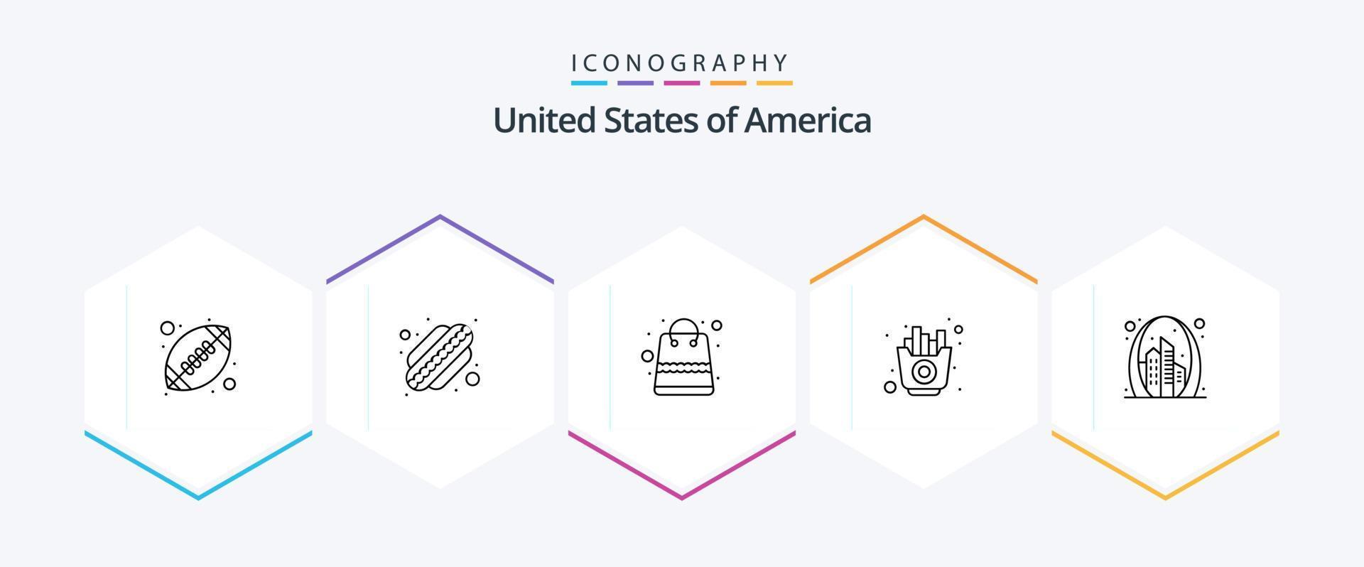 USA 25 linje ikon packa Inklusive Port. båge. pengar. pommes frites. mat vektor
