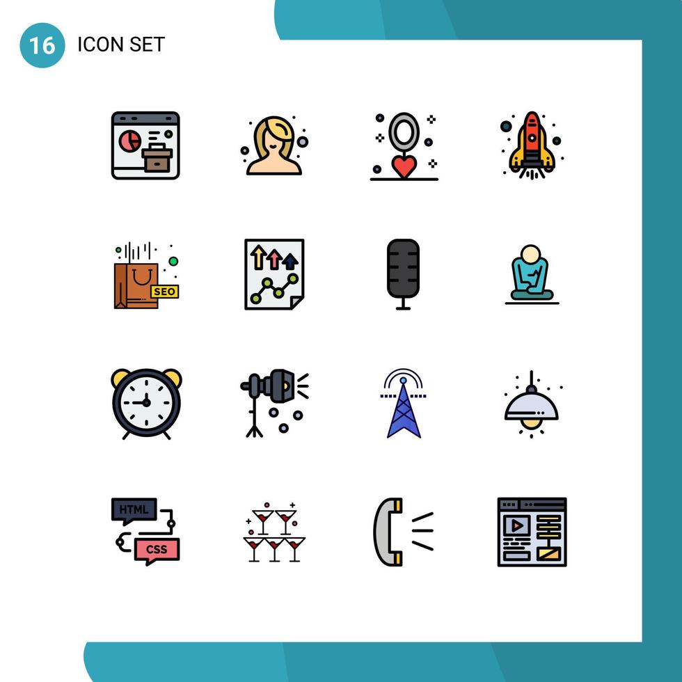 piktogram uppsättning av 16 enkel platt Färg fylld rader av komplex raket kvinna flamma halsband redigerbar kreativ vektor design element
