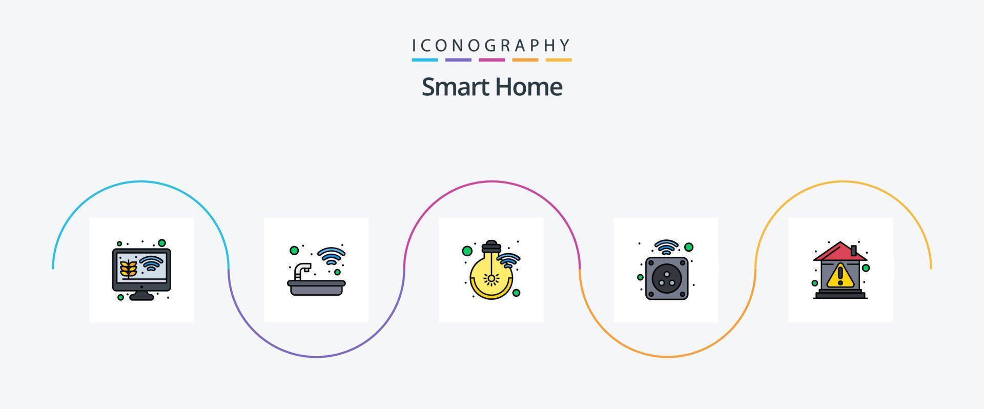 Smart-Home-Linie gefülltes flaches 5-Icon-Paket einschließlich Zuhause. Elektrizität. Wanne. schlau. Lampe vektor