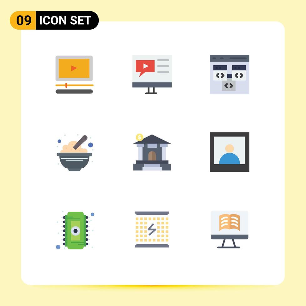 grupp av 9 platt färger tecken och symboler för havre spannmål video skål utveckla redigerbar vektor design element