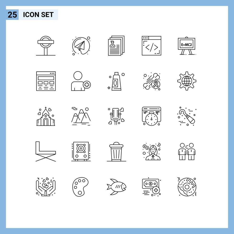 Aktienvektor-Icon-Pack mit 25 Zeilenzeichen und Symbolen für wissenschaftliche Chemie-Dokumentenzeilen, die editierbare Vektordesign-Elemente codieren vektor