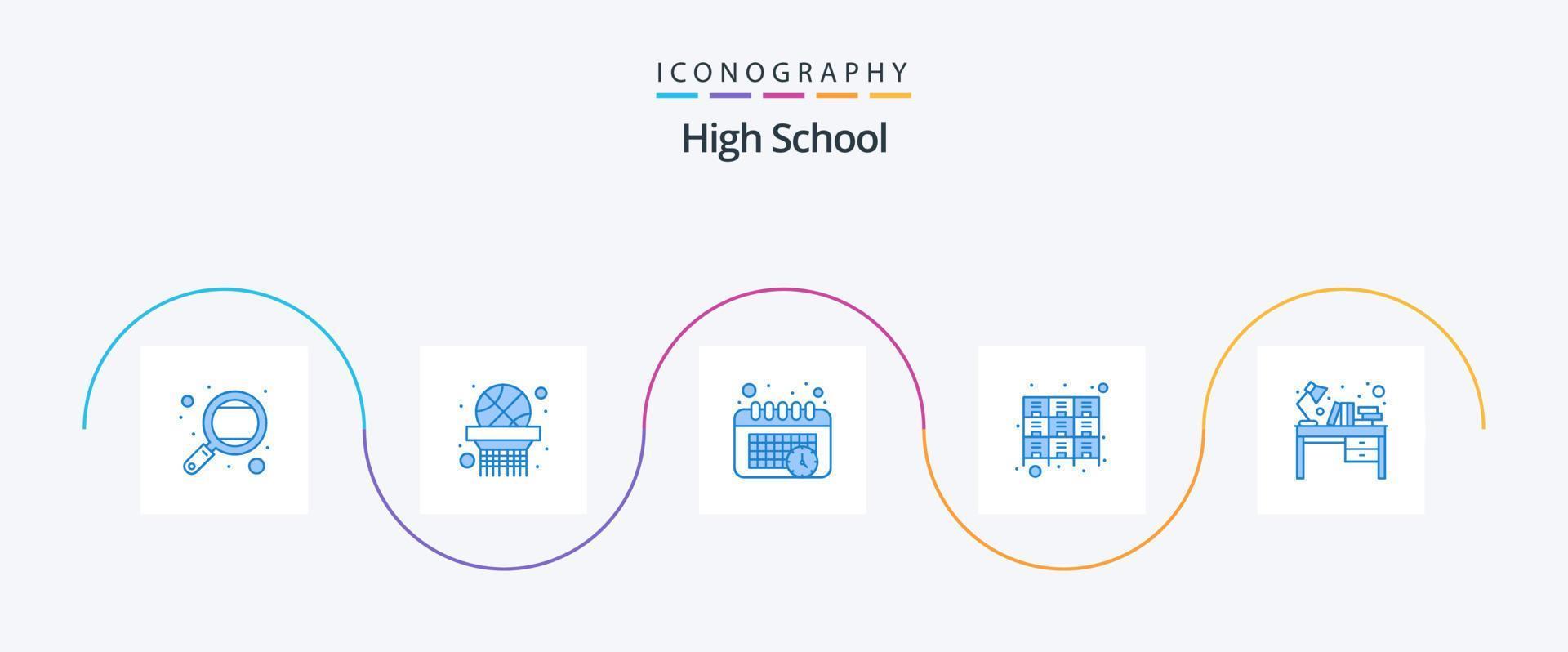 High School Blue 5 Icon Pack inklusive Schreibtisch. Gestell. Kalender. Dateien. Schublade vektor