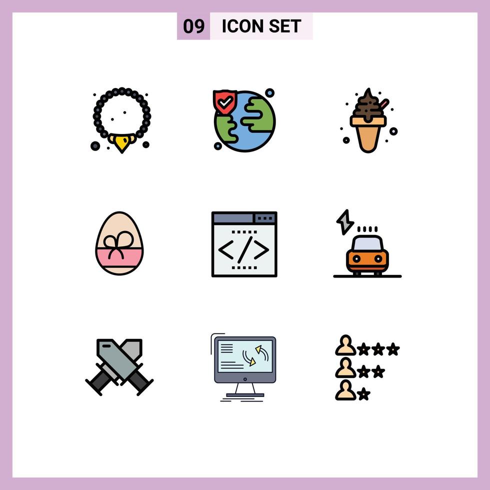 Gruppe von 9 modernen Filledline-Flachfarben, die für SEO-Schnittstellen-Eiscreme-Engine-Frühlings-editierbare Vektordesign-Elemente festgelegt werden vektor
