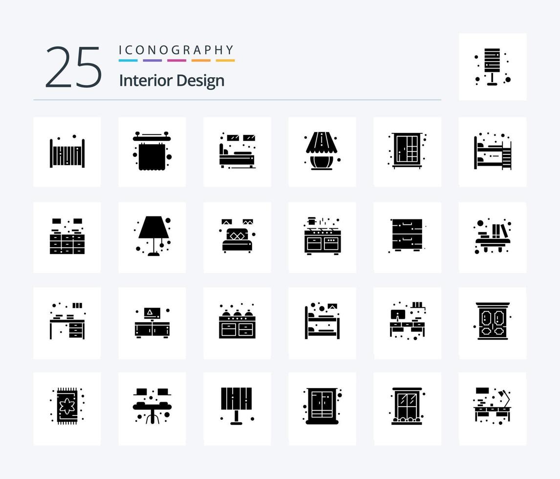 interiör design 25 fast glyf ikon packa Inklusive skåp. ljus. säng. lampa. ram vektor