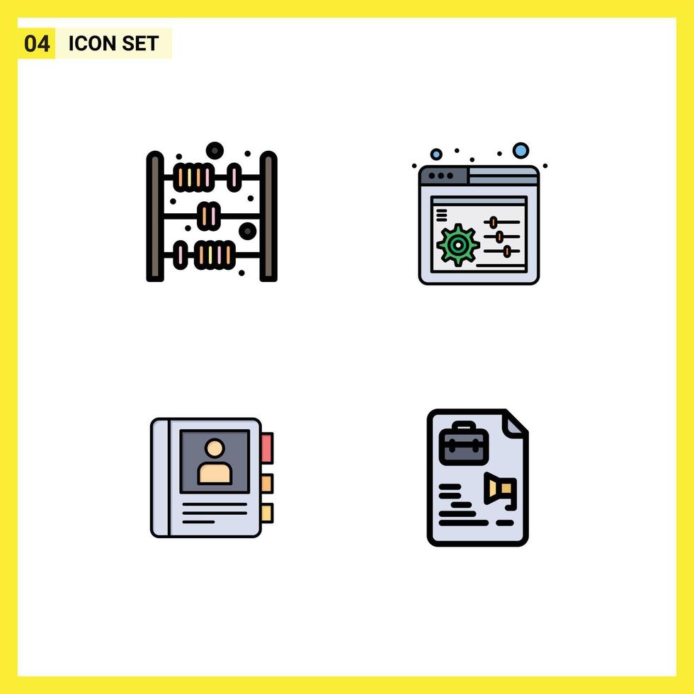 Filledline Flat Color Pack mit 4 universellen Symbolen für Abacus-Spielzeug-Info-Web-Control-Telefondokument editierbare Vektordesign-Elemente vektor