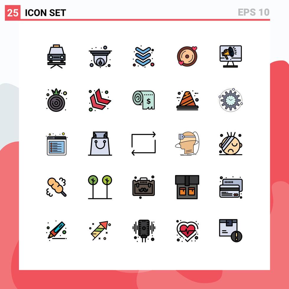 grupp av 25 fylld linje platt färger tecken och symboler för högtalare hög volym ner högtalare hjärta redigerbar vektor design element