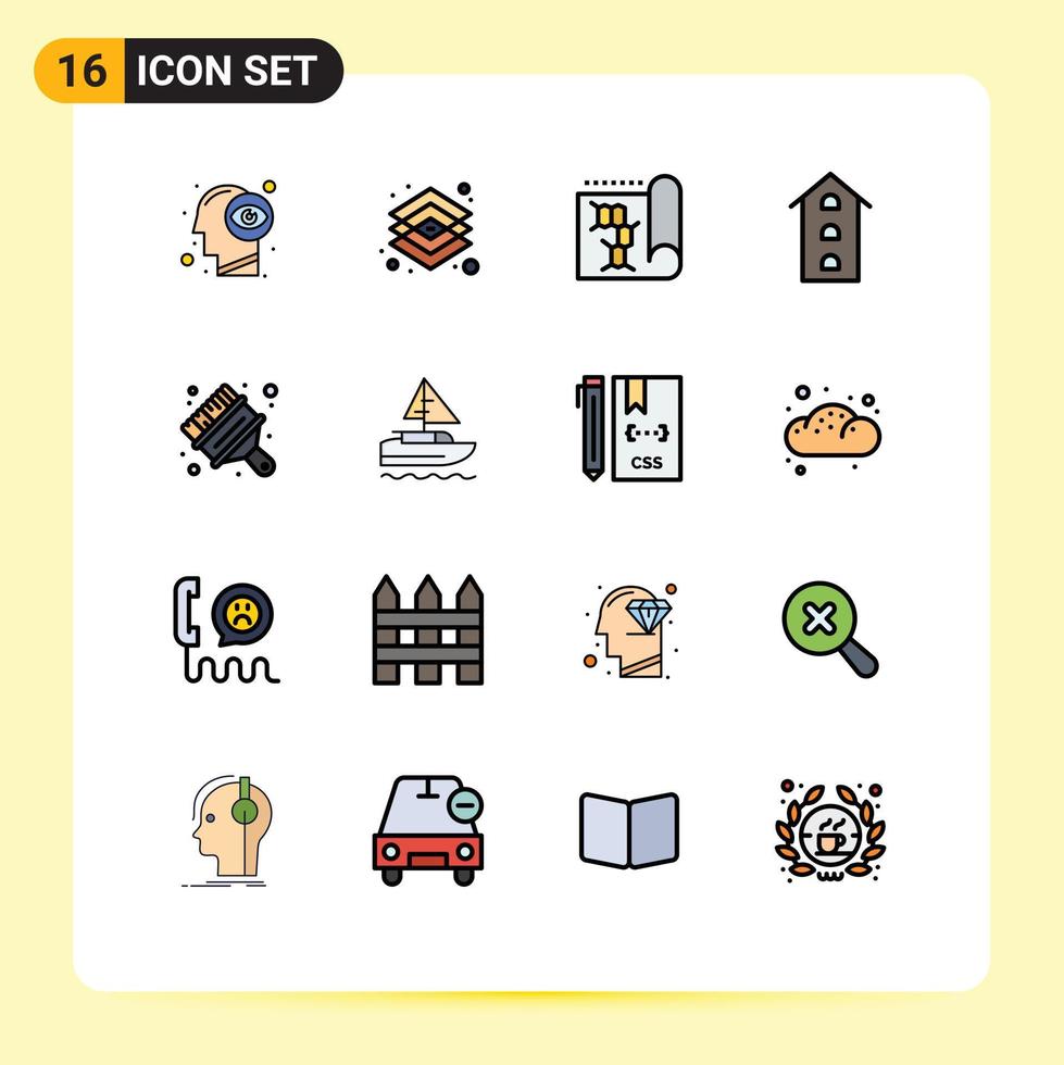 Gruppe von 16 flachen, farbgefüllten Linien Zeichen und Symbole für Ladenfront Werkzeuge Haus Wissenschaft editierbare kreative Vektordesign-Elemente vektor
