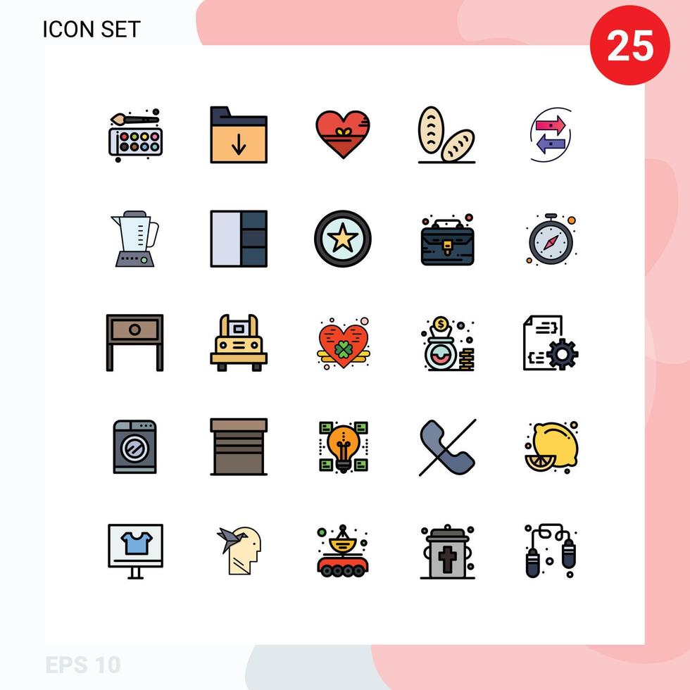 uppsättning av 25 vektor fylld linje platt färger på rutnät för Diagram mat hjärta bröd gåva redigerbar vektor design element