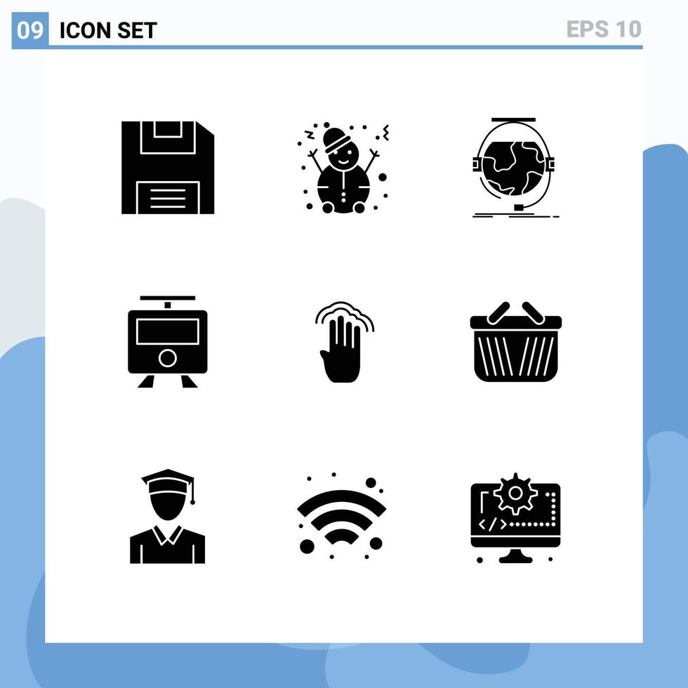 mobil gränssnitt fast glyf uppsättning av 9 piktogram av gester fingrar uppkopplad tåg järnväg redigerbar vektor design element