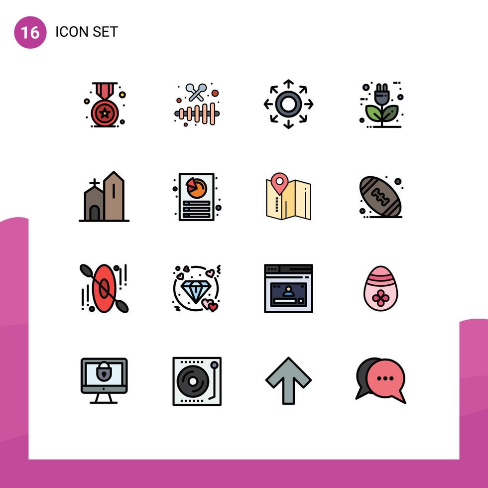 Packung mit 16 modernen, flachen, farbgefüllten Linien, Zeichen und Symbolen für Web-Printmedien, wie z vektor