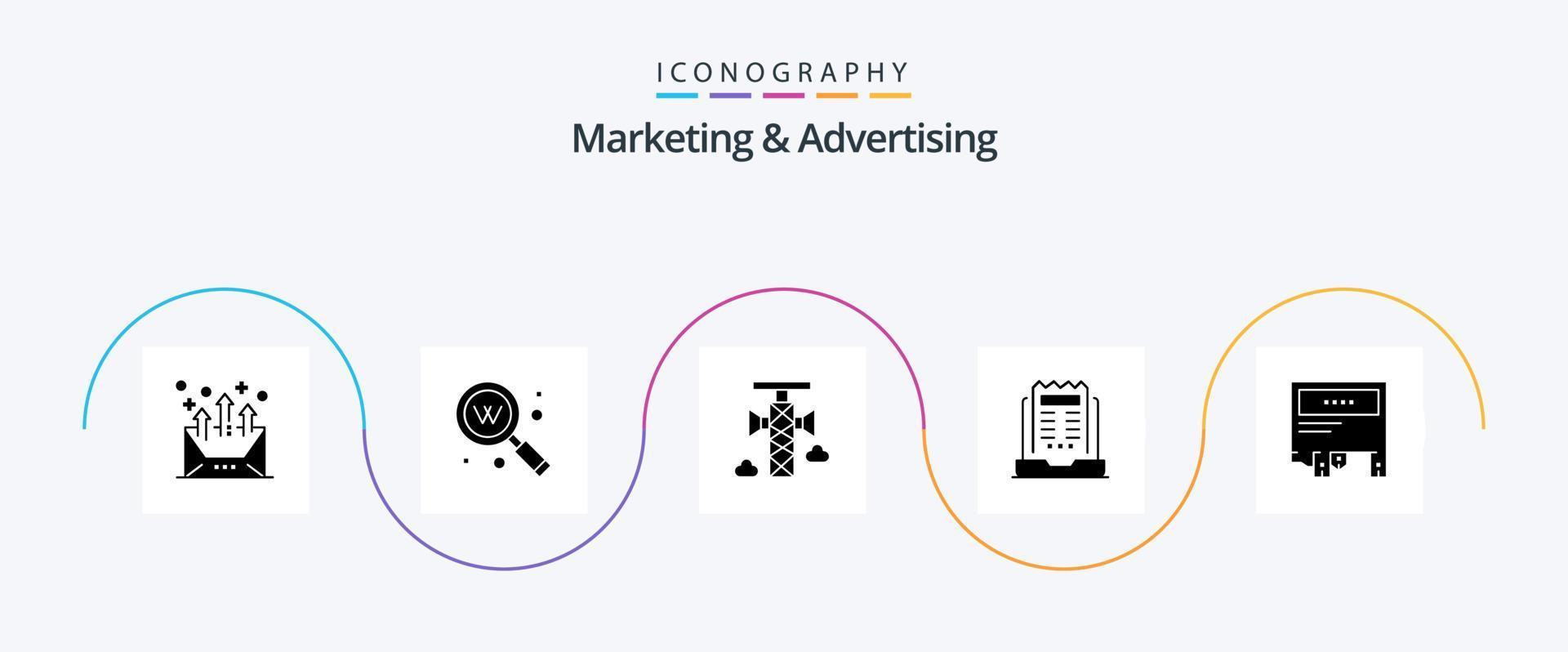 marknadsföring och reklam glyf 5 ikon packa Inklusive nyhetsbrev. bärbar dator. seo. företag. kommunikation vektor