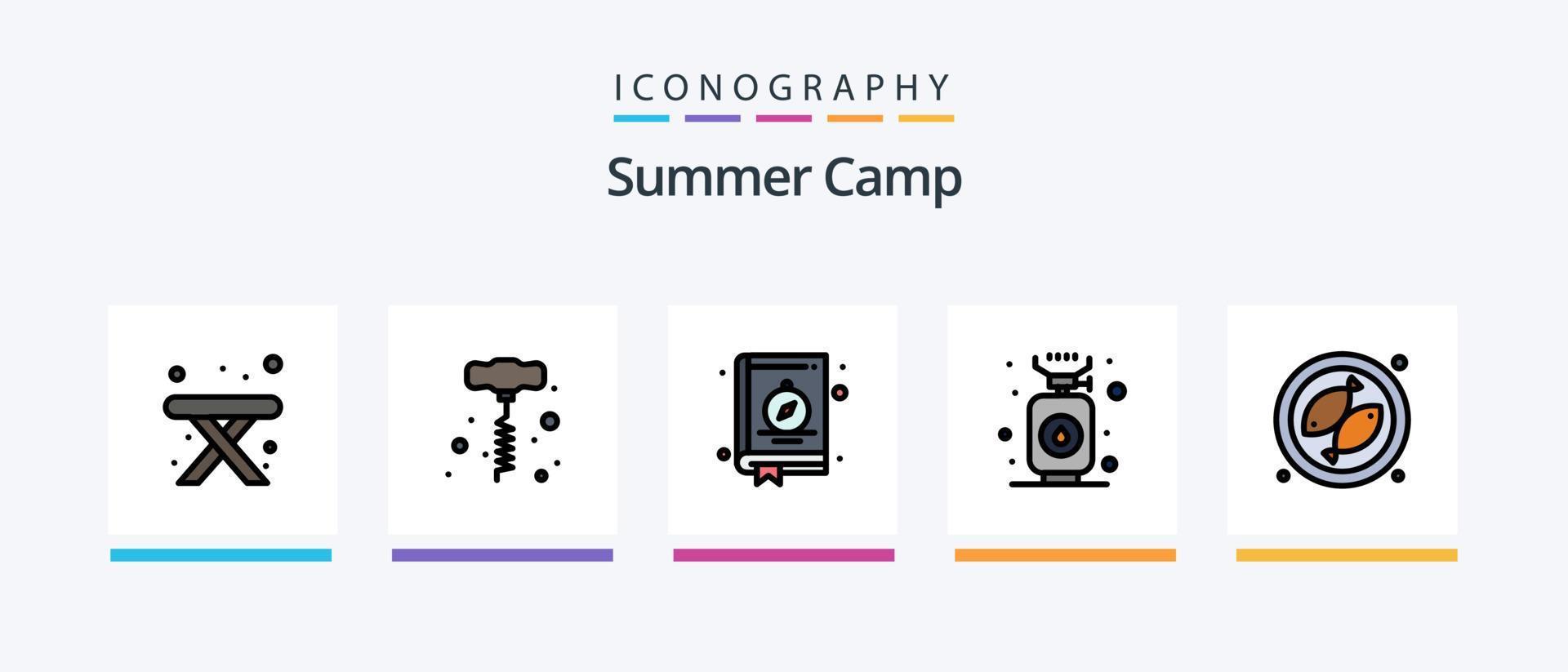 sommar läger linje fylld 5 ikon packa Inklusive kamera. plats. camping. bok. picknick. kreativ ikoner design vektor