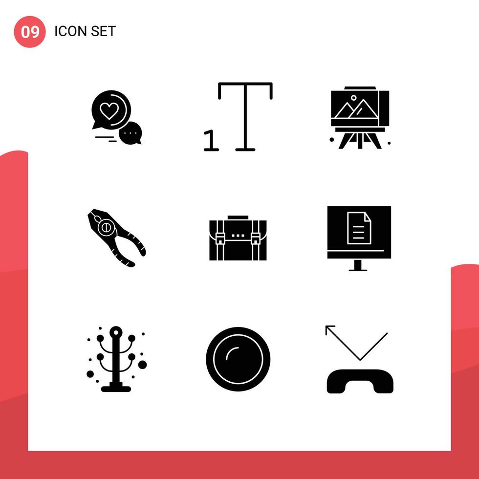 solides Glyphenpaket mit 9 universellen Symbolen für Koffer, Aktenkoffer, Kunsttafel, Werkzeugzange, editierbare Vektordesign-Elemente vektor