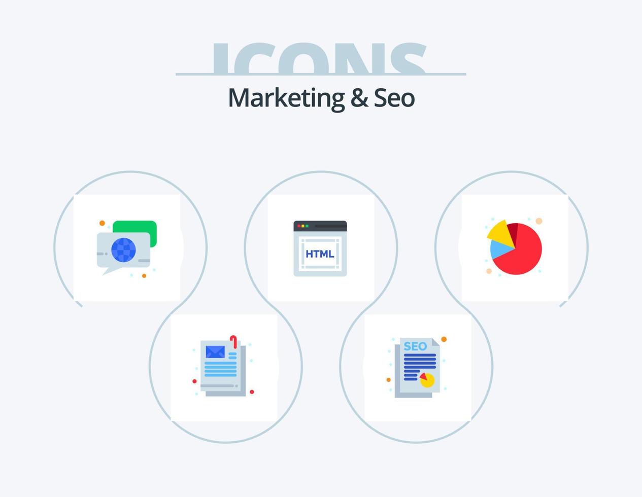 marknadsföring och seo platt ikon packa 5 ikon design. . paj Diagram. klot. analyser. html vektor