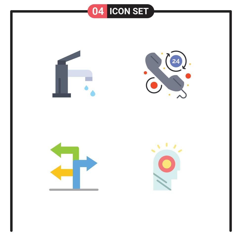 4 flaches Icon-Paket für die Benutzeroberfläche mit modernen Zeichen und Symbolen der Badanruf-Hahn-FAQ-Richtung editierbare Vektordesign-Elemente vektor