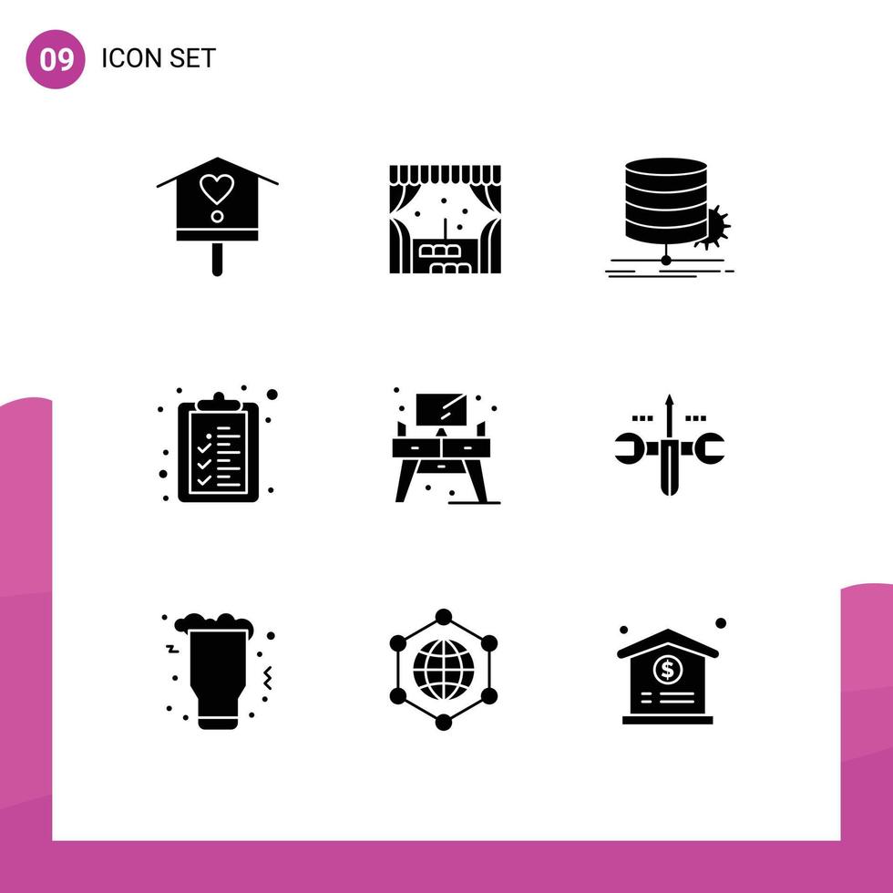 Packung mit 9 modernen Solid-Glyphen-Zeichen und Symbolen für Web-Printmedien wie Bildschirm-Home-Chart-Liste Checkliste editierbare Vektordesign-Elemente vektor