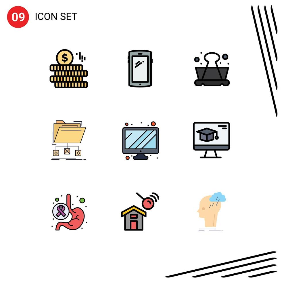 uppsättning av 9 modern ui ikoner symboler tecken för övervaka mapp klämma filer säkerhetskopiering redigerbar vektor design element