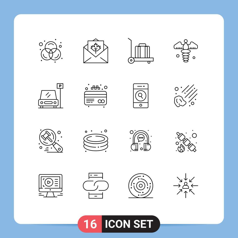Gruppe von 16 umreißt Zeichen und Symbole für Bereichsparkplatz Gepäckwagen medizinische Zeichen editierbare Vektordesign-Elemente vektor