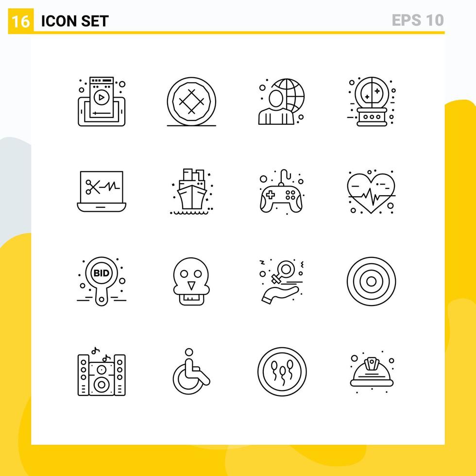 Aktienvektor-Icon-Pack mit 16 Linienzeichen und Symbolen für magische Zukunftskuchen-Kristallkugel-männliche editierbare Vektordesign-Elemente vektor
