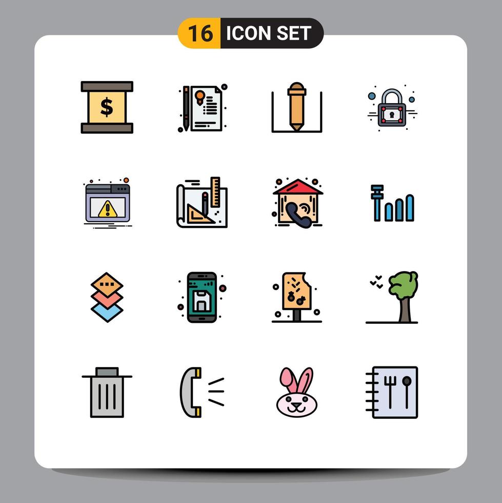 moderner Satz von 16 flachen, farbgefüllten Linien und Symbolen wie das Zeichnen von Warntexten, Bildungsbenachrichtigungen, webbearbeitbare kreative Vektordesignelemente vektor