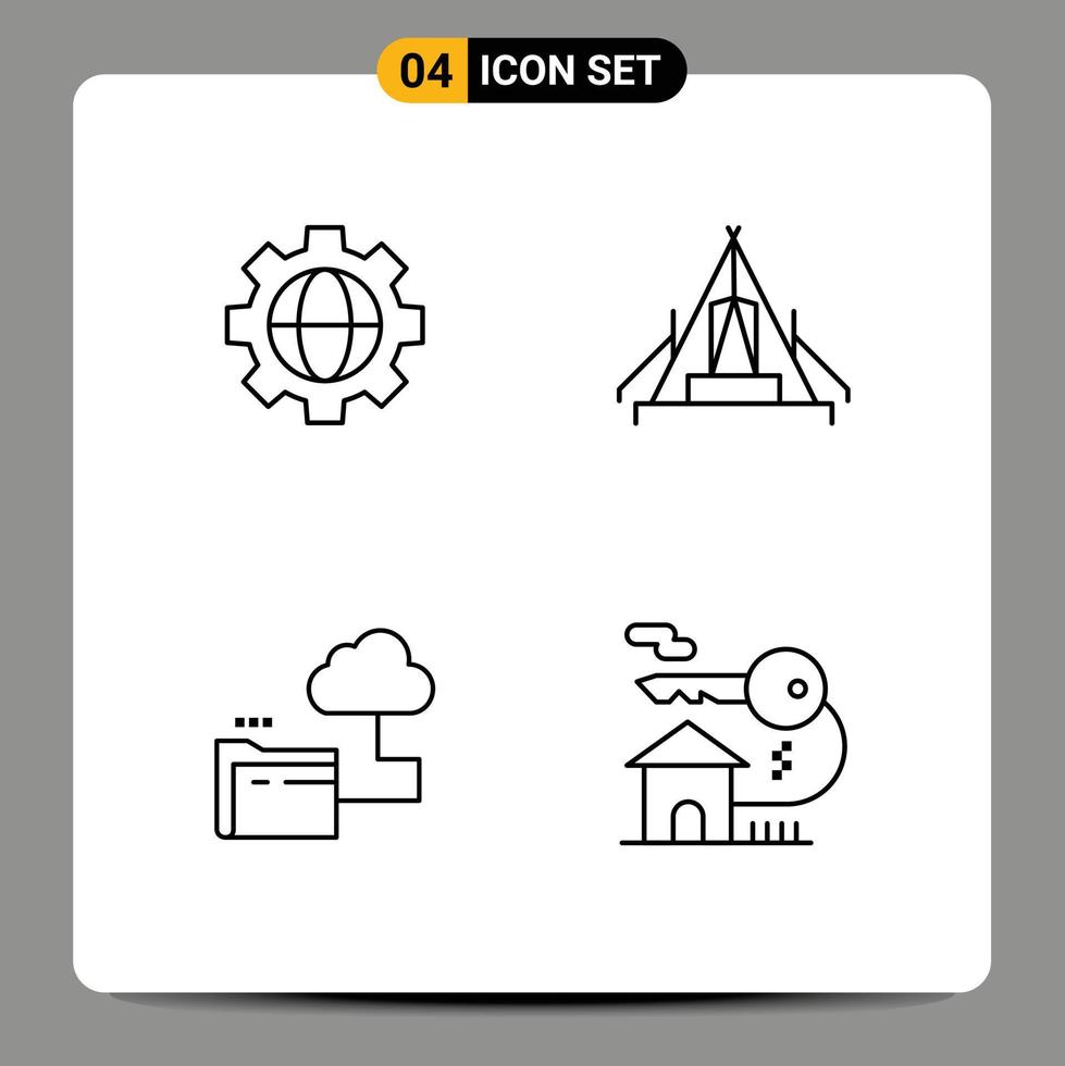 Stock Vector Icon Pack mit 4 Zeilen Zeichen und Symbolen für Getriebe Ordner Zelt Campingplatz Datei editierbare Vektordesign-Elemente