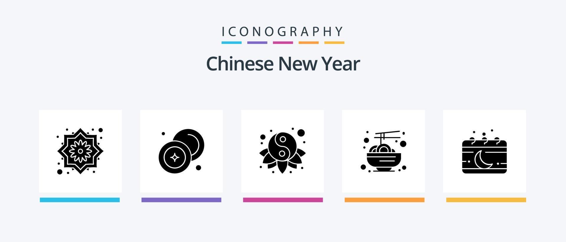kinesisk ny år glyf 5 ikon packa Inklusive kalender. mat. pengar. kinesiska. yin. kreativ ikoner design vektor