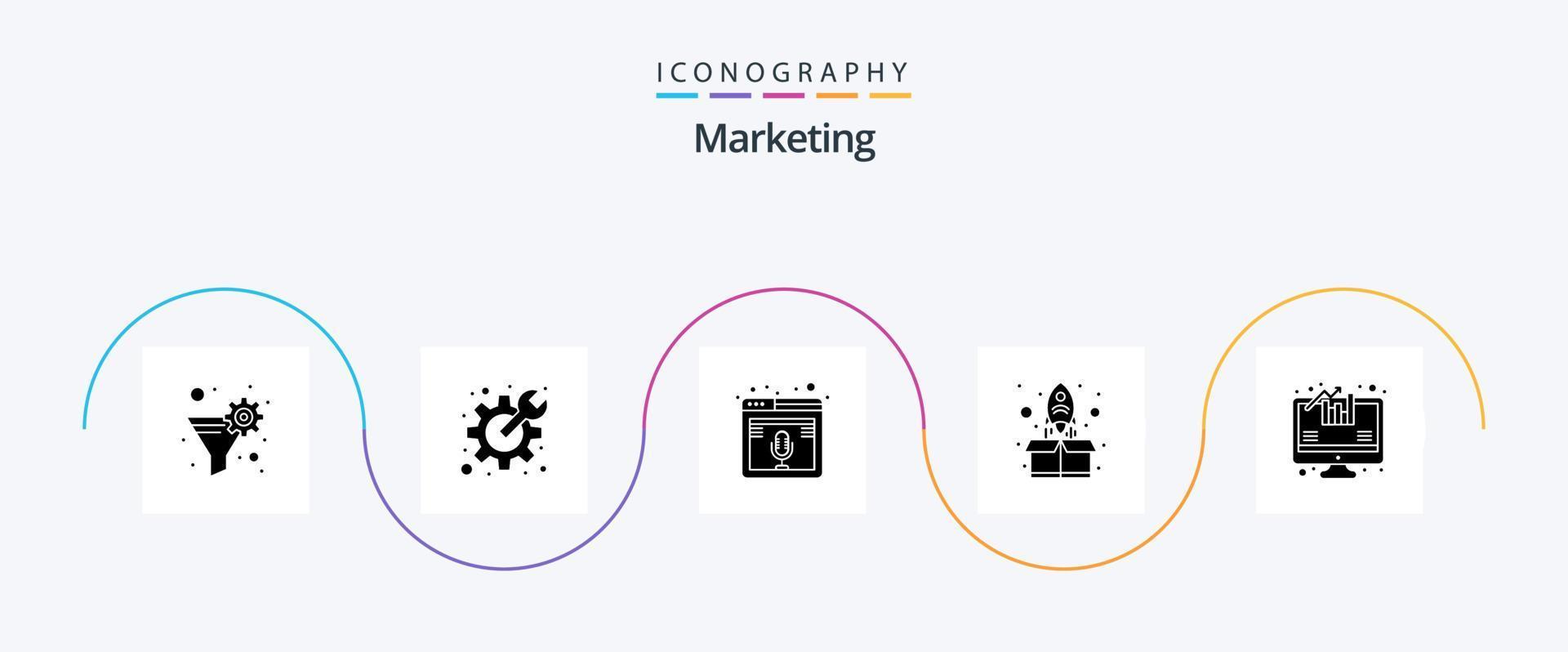 Marketing Glyph 5 Icon Pack inklusive Analyse. hoch. Internet. Start. Netz vektor