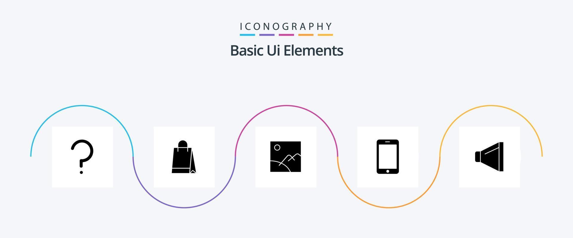 Basic UI Elements Glyph 5 Icon Pack inklusive Lautsprecher. Forderung. Bild. Telefon. Zelle vektor