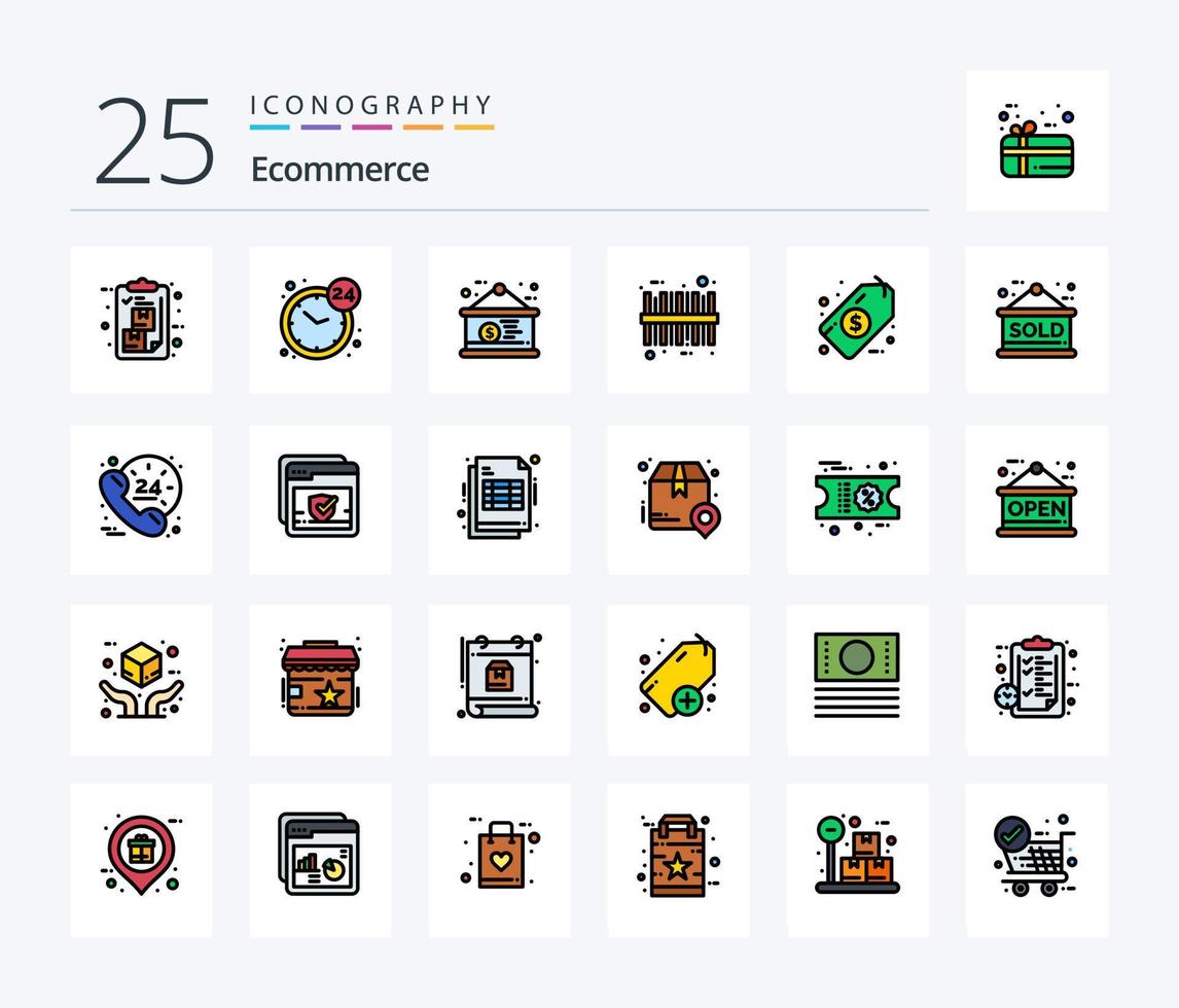 E-Commerce 25 Zeilen gefülltes Icon Pack inklusive Dollar. Code. offen. Barcode. Dollar vektor