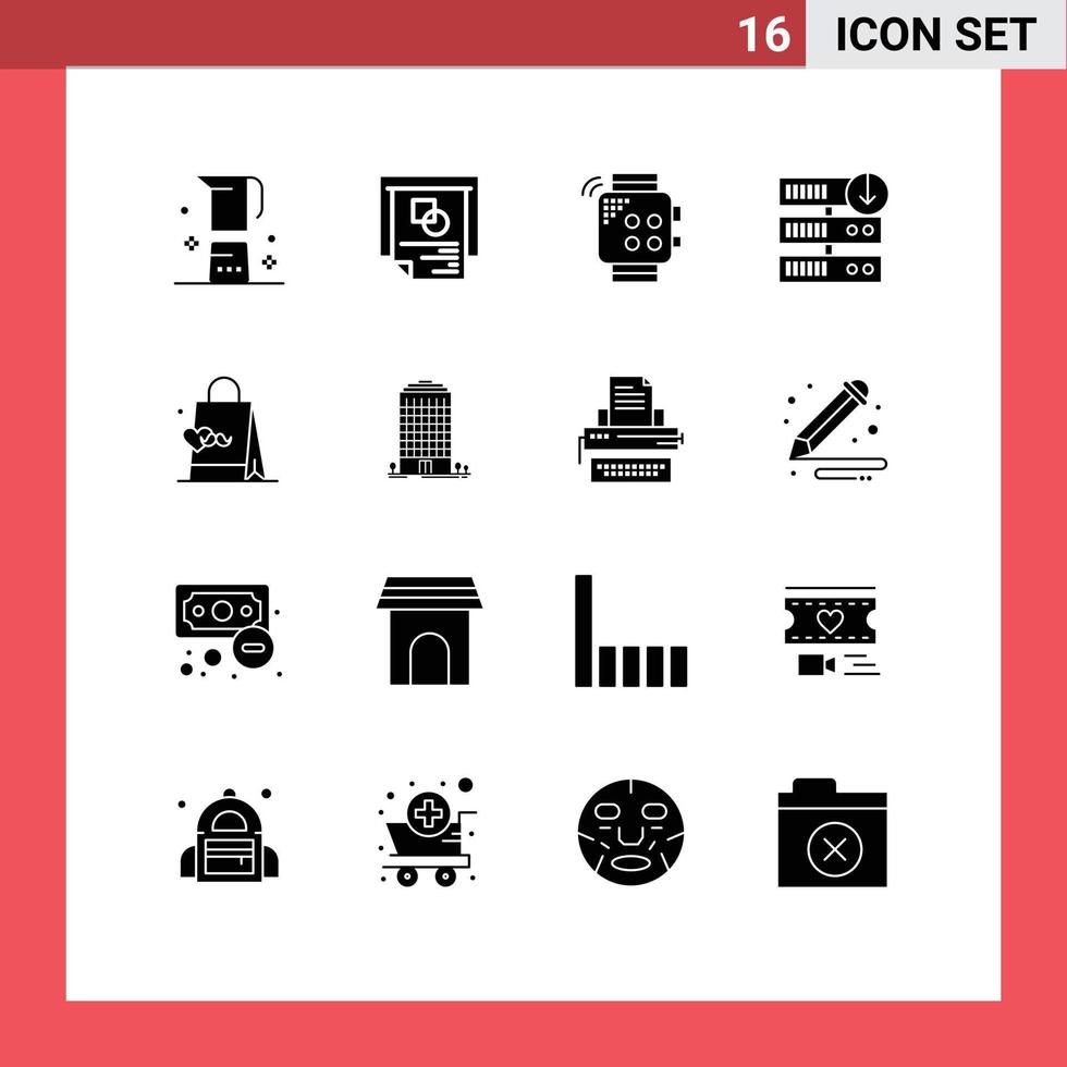 solides Glyphenpaket mit 16 universellen Symbolen für Server-Download-Download-Erfolg Downgrade von handbearbeitbaren Vektordesignelementen vektor