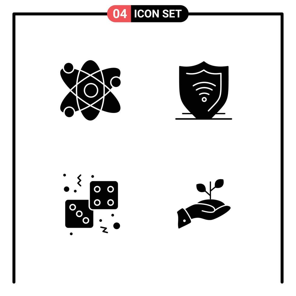 Piktogrammsatz aus 4 einfachen soliden Glyphen des Wissenschafts-Casino-Atoms schützt das Glücksspiel editierbare Vektordesign-Elemente vektor