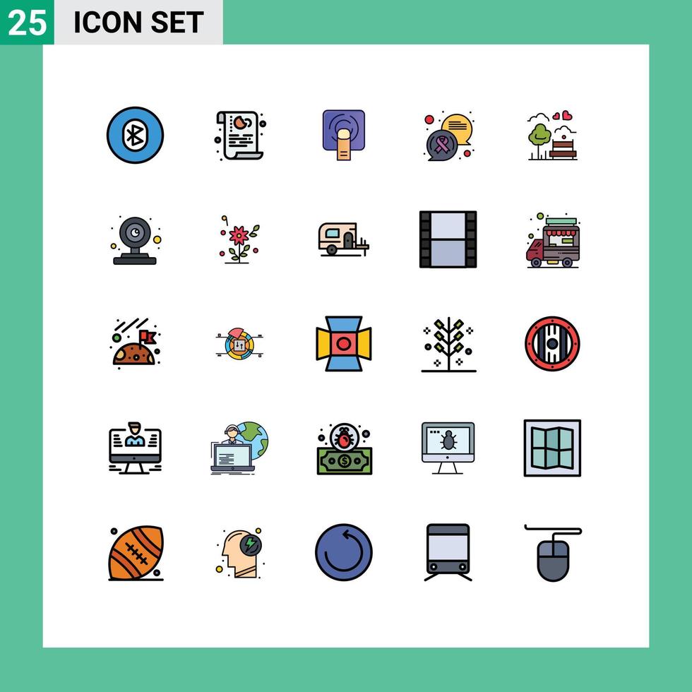 25 universell fylld linje platt färger uppsättning för webb och mobil tillämpningar cancer tecken kommunikation Integritet chatt finger tuch redigerbar vektor design element