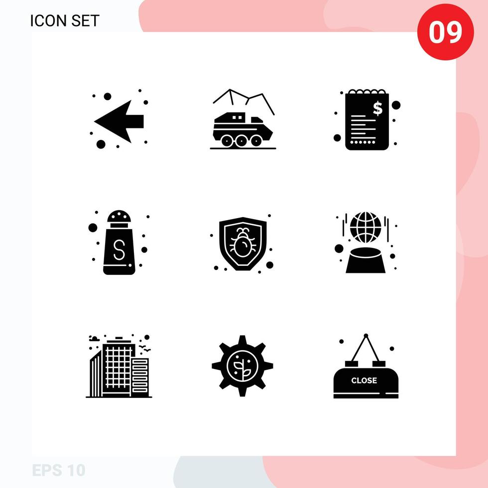 Gruppe von 9 soliden Glyphen Zeichen und Symbole für Sicherheitsfehler Handel Zuckerflasche dienen editierbaren Vektordesign-Elementen vektor