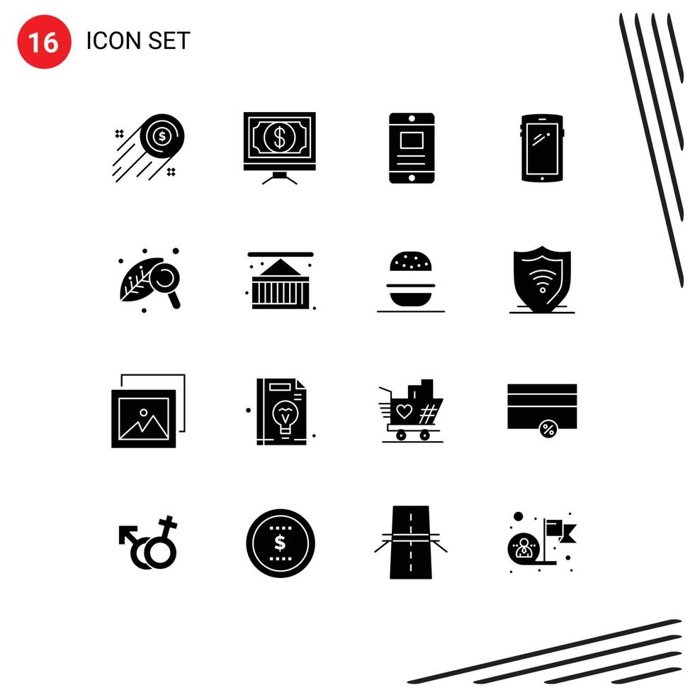 Packung mit 16 modernen soliden Glyphen Zeichen und Symbolen für Web-Printmedien wie iPhone Mobile Pay Smartphone Business editierbare Vektordesign-Elemente vektor