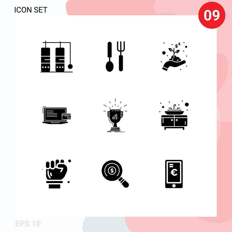 mobil gränssnitt fast glyf uppsättning av 9 piktogram av vinna tilldela hand uppkopplad betalning dator redigerbar vektor design element