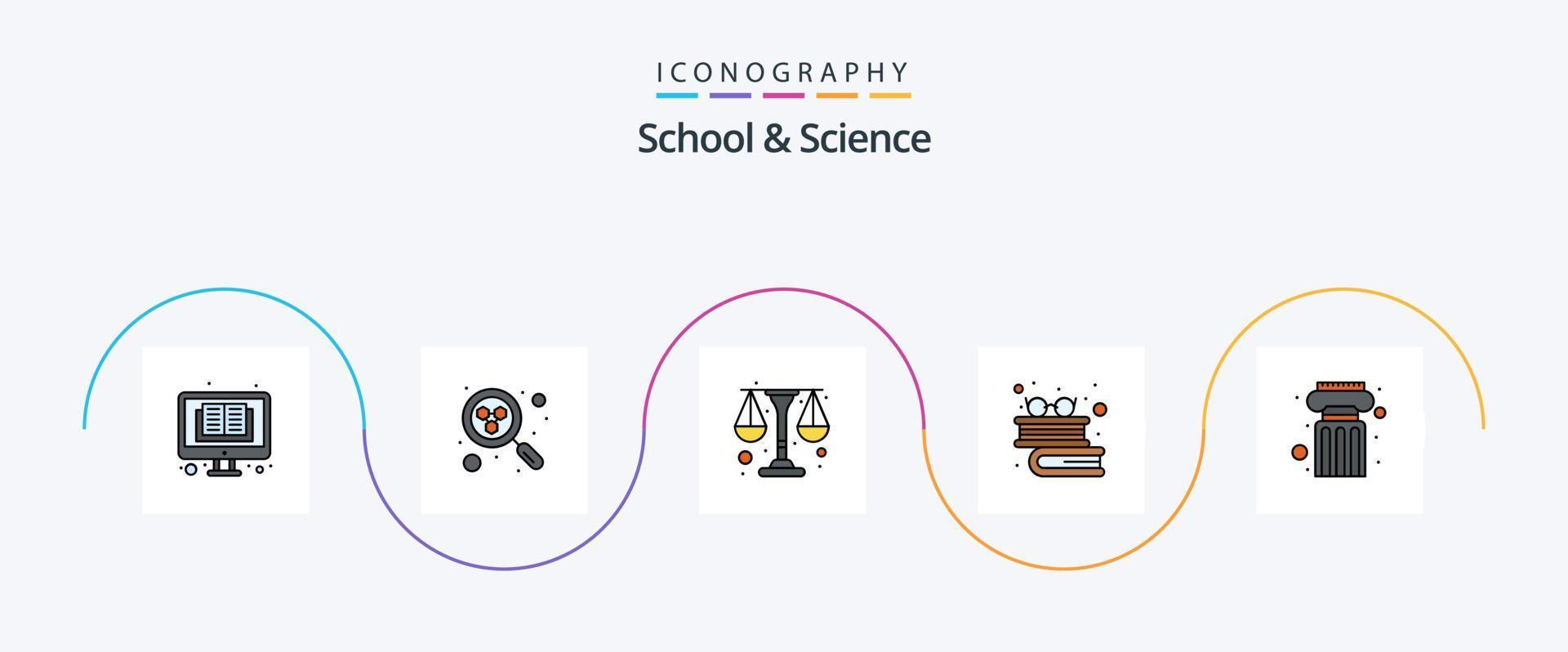 Schul- und Wissenschaftslinie gefülltes flaches 5-Icon-Paket einschließlich Säule. Physik. Lektüre. Bücher vektor