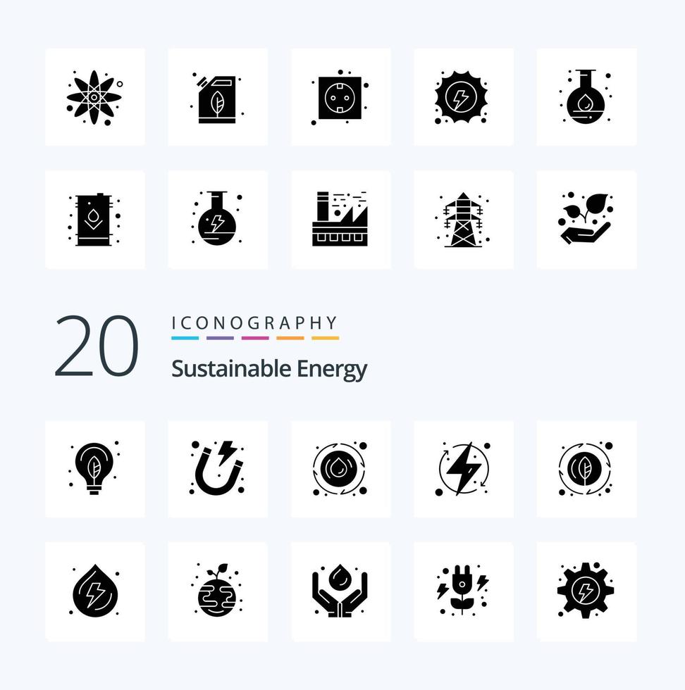 20 Solid Glyph Icon Pack für nachhaltige Energie wie Energy Energy Droop Electric Charge vektor