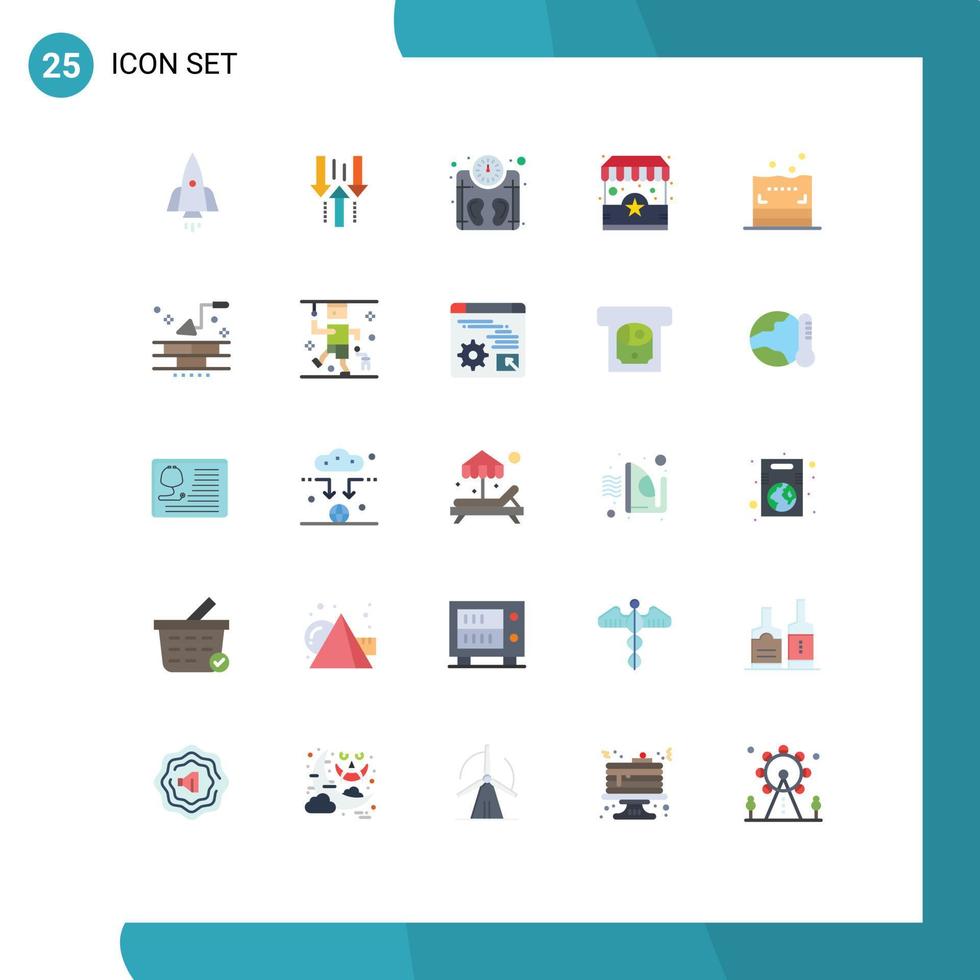 Stock Vector Icon Pack mit 25 Linienzeichen und Symbolen für den Standshop-Upload E-Commerce, der editierbare Vektordesign-Elemente wiegt