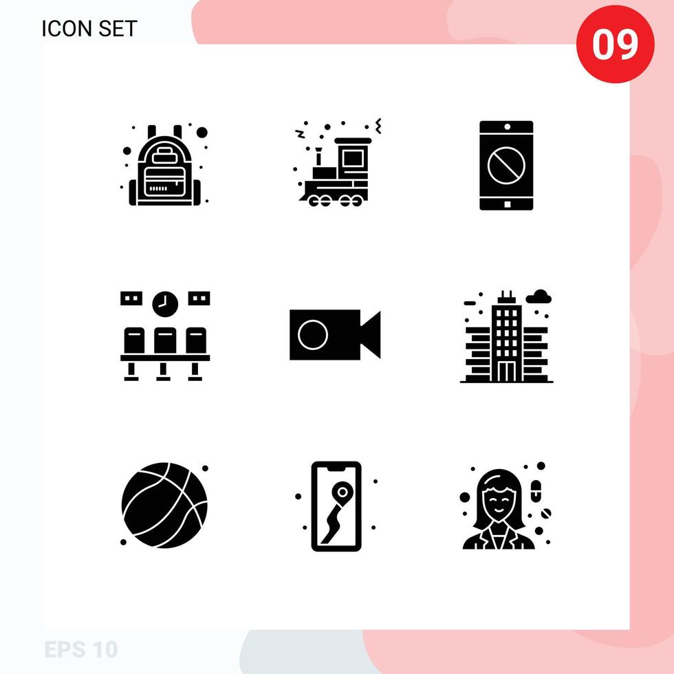 Gruppe von 9 modernen soliden Glyphen, die für den Stadtrekord festgelegt wurden, deaktivierte mobile Cam-Transporte, editierbare Vektordesign-Elemente vektor